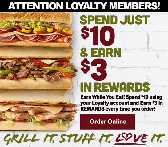 It Pays to Eat! Spend $10 At Any Time And Earn $3 in Rewards! Min does not included taxes, fees or gift cards. Use Reward within 7 days of original order.