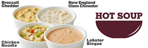 Soups available at D'Angelo include Lobster Bisque, Chicken Noodle, Broccoli Cheddar and New England Clam Chowder.
