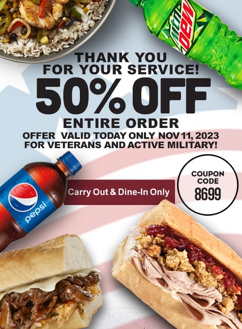 Veterans and Active Military, enjoy 50% off your order with us today