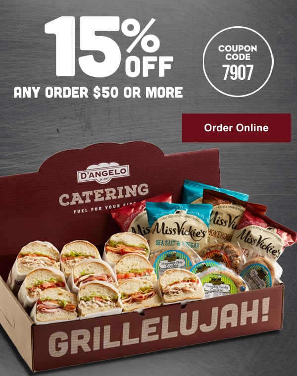 15% off $50 or more . Use coupon code 7907. Ask about catering boxes with individually wrapped sandwiches or our personalized lunch boxes to feed a crowd. Valid through  9/5/2021 at participating locations only. Tax not included. Not valid on gift cards or on third party delivery orders. Not valid on twin lobster deal. Cannot be combined with anyother coupons, discounts or special offers. Limit one coupon per order. Delivery fee applies. Delivery where available. Delivery minimum applies.Send questions/inquiries to catering@dangelos.com.