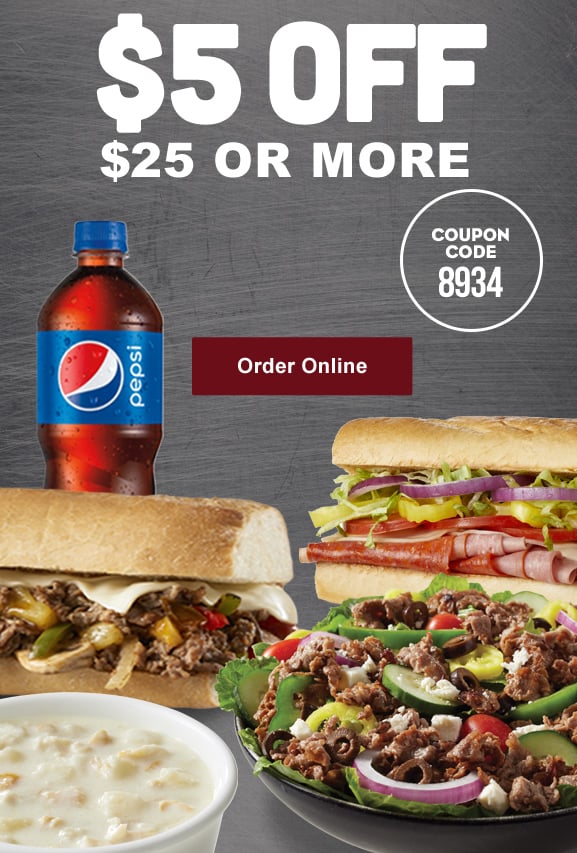 $5.00 off $25.00 . Use coupon code 8934.  Delivery fee applies. Delivery where available. Delivery minimum applies. Not Valid on Gift Cards or Twin Lobster Deal . Expires 10/17/2021.