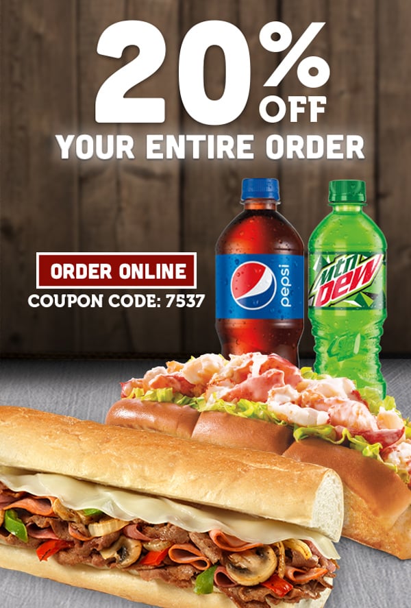  20% OFF Your Entire Order. Code 7537  Exp. 7/4/2021. Valid at participating locations. Cannot be combined with other discounts or offers.Taxes not included. Not valid on third party delivery orders. Delivery where available. Delivery charge applies. Excludes Twin Lobster Deal. 
