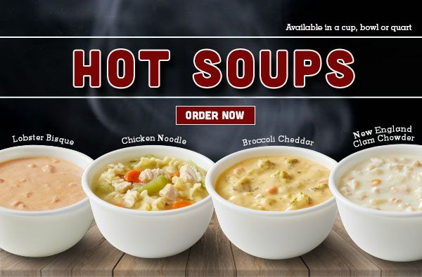Soups available at D'Angelo include lobster bisque, chicken noodle, broccoli cheddar and new england chowder